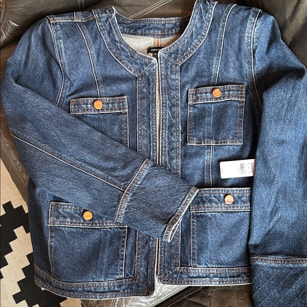 Express Dark Blue Jean Jacket with Shoulder Pads & Button Details